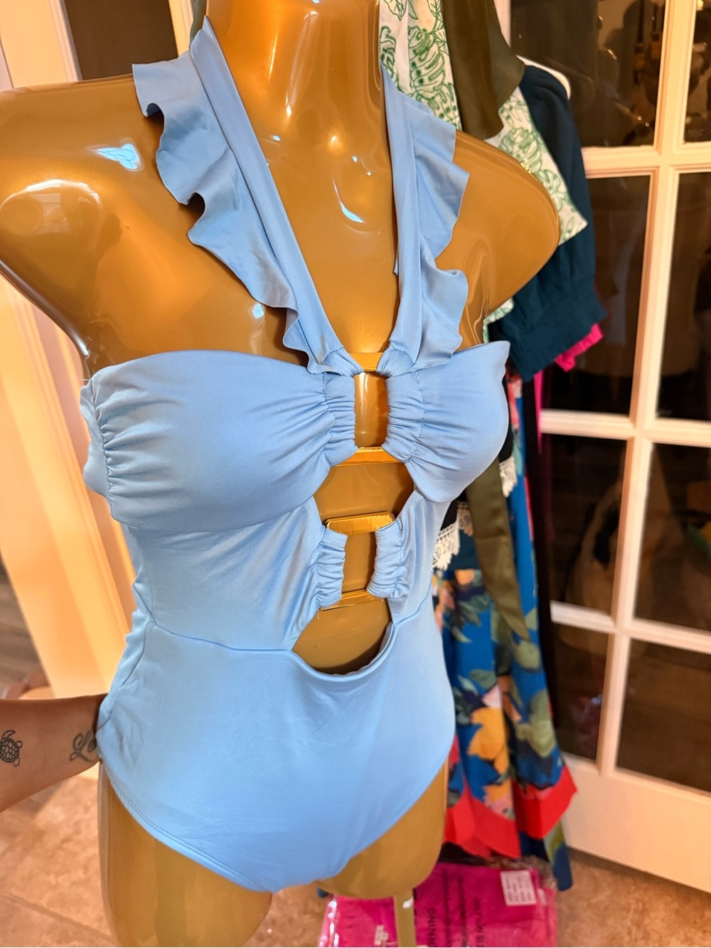 Light Blue Ruffle Halter One-Piece Swimsuit